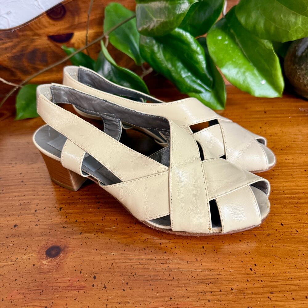 Vintage ALDO Made in Italy Slingback Heels Size 37 Cream Leather Sole Woven - Picture 3 of 8